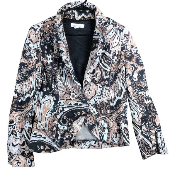 Coldwater Creek Womens Jacket Black Brown Paisley Button Collared Petite 6P - Picture 1 of 12